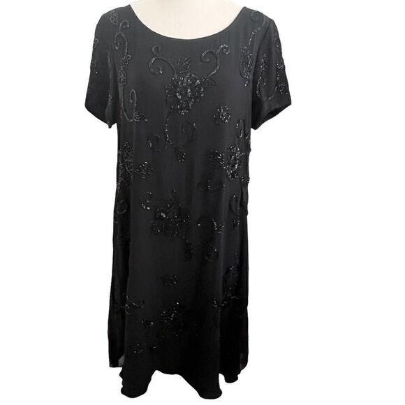 Vintage Liz Claiborne Black Beaded Short Sleeve Cocktail Evening Dress Size 8 - Picture 1 of 8